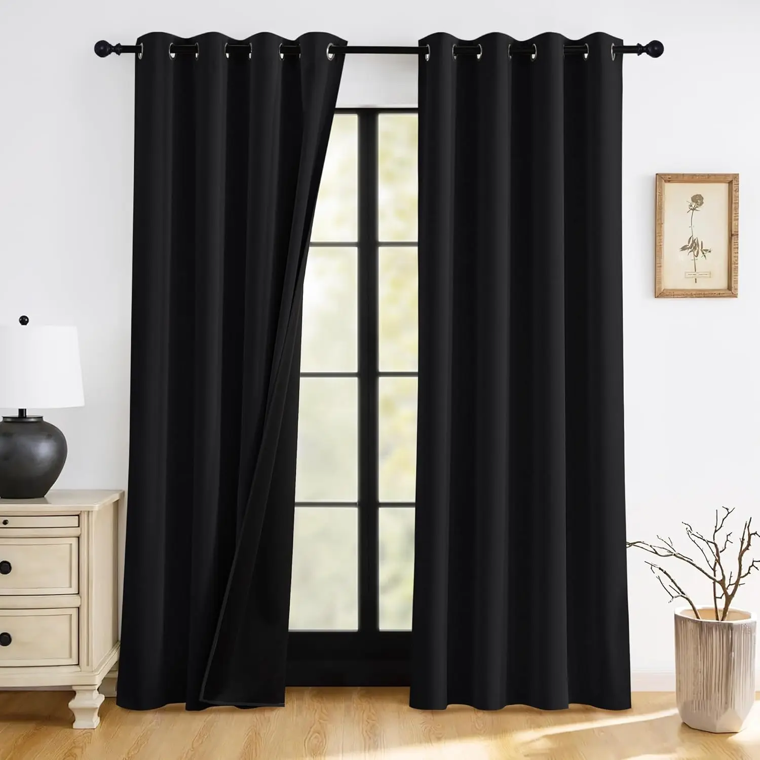 Black 100% Blackout Curtains for Bedroom Living Room with Thermals |   Insulated Heat Blocking, Noise Reducing Window Drape, Kids Rooms Energy Efficient Covers Decor, W52 x L84, 2 Panels Set