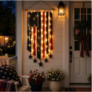 Perfect 4th of July home decoration! Handmade red, white, and blue tassel door curtain with warm LED lights. Featuring a patriotic American flag pattern, it's ideal for use on front doors, porches, or as wall decoration