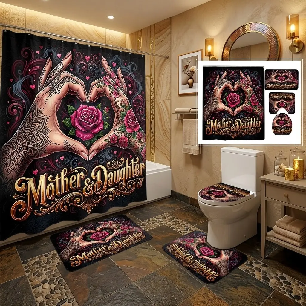 4pcs Tattoo palm pink rose mother-daughter letter pretty shower curtain set, black background mandala floral heart print bathroom mat and toilet seat cover set, The floor mat fabric is thicker and softer! sensual bathroom decor