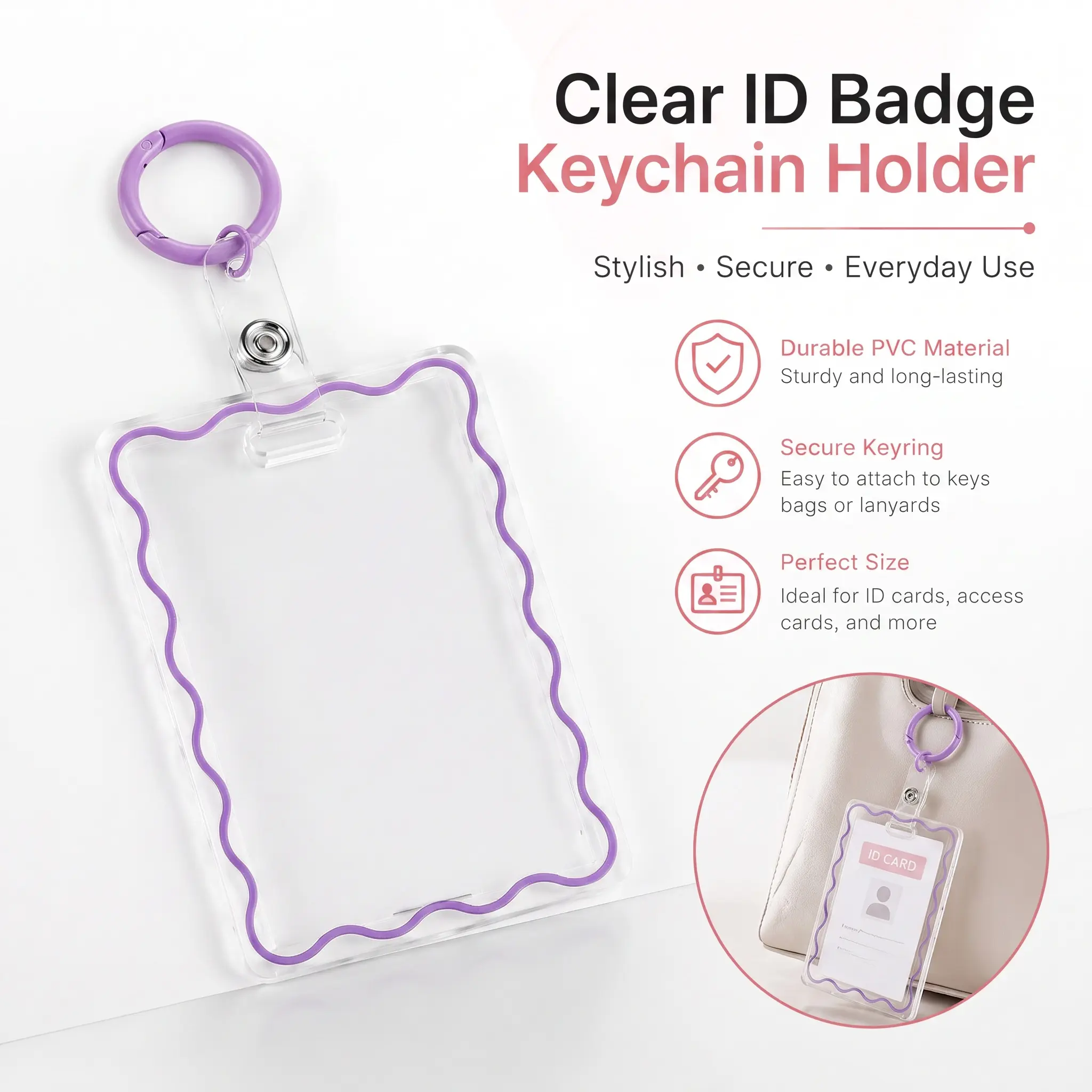 Transparent Acrylic Card Holder with Key Ring, 1-Count Durable Protective Sleeve for Student ID, Meal Cards, Office Supplies and Badge Holder-YY0