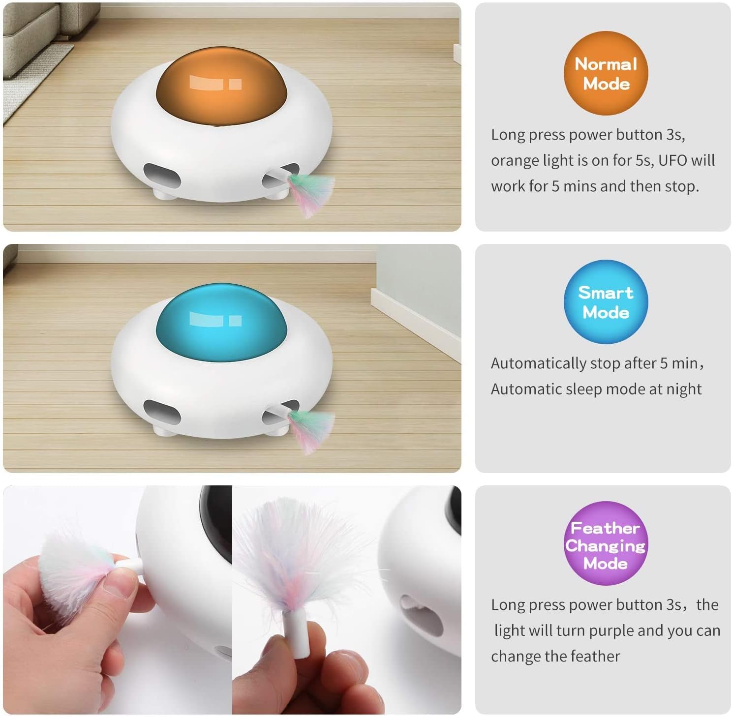 Automatic Interactive Cat Toy, Moving Feather UFO Toy for Indoor Cats, Helps Burn Energy, Reduce Boredom & Prevent Destructive Behavior, USB Rechargeable