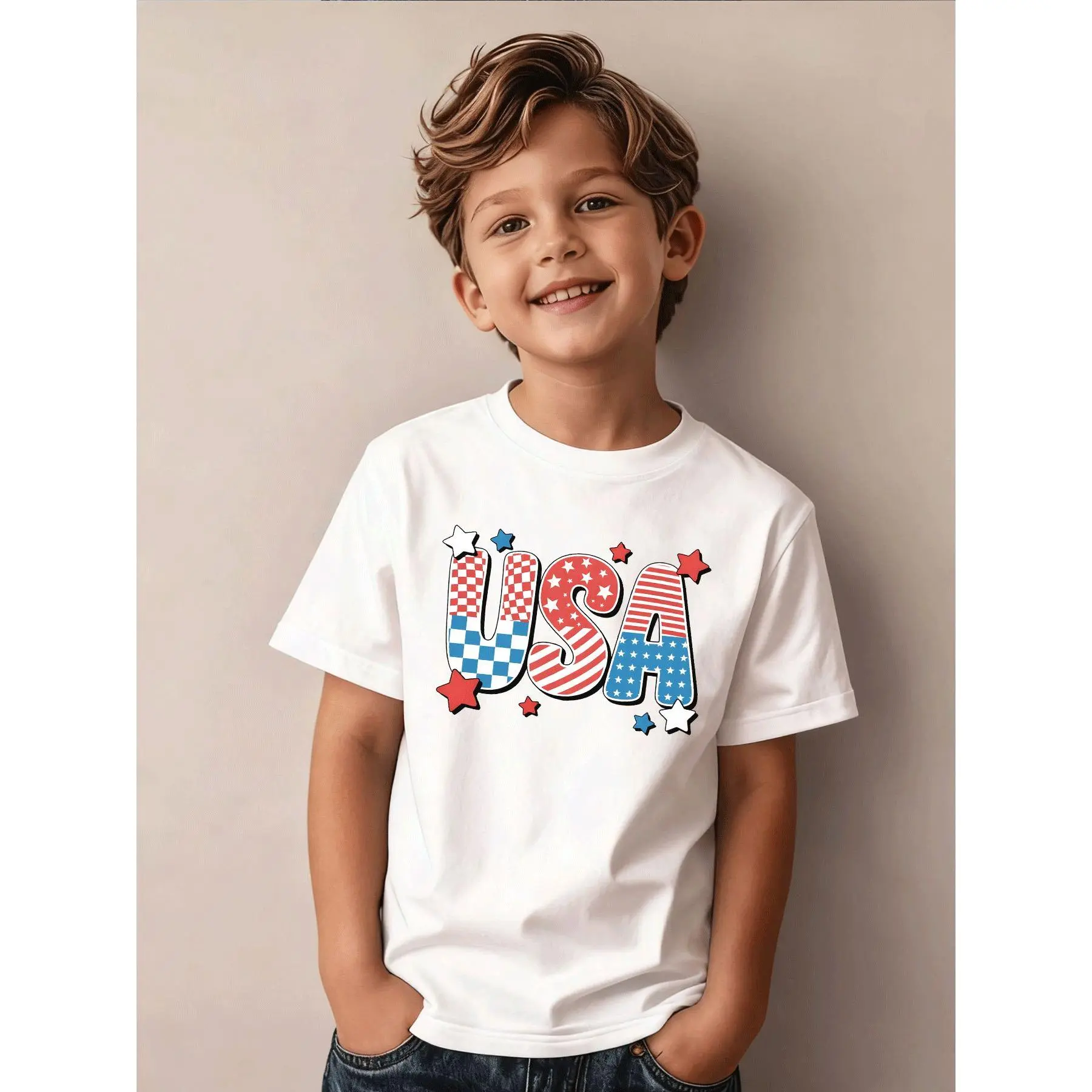 Boys Clothing Casual Trendy USA Stars Stripes Checkerboard Graphic Kids T Shirt for Boys Ages 5 12 Daily Wear Holiday Party Outfit Gift(3Y-13Y)