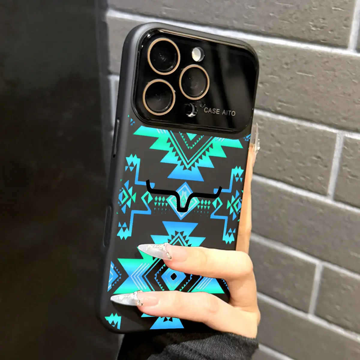 Turquoise Western Aztec Geometric Bull Head Tribal Print Phone Case for iPhone 17-13 Series Pro Max Air, All-Inclusive Protection with Lens Cover, Ultra Skin-Friendly Touch, Dopamine Ins Style Multi-Model Case