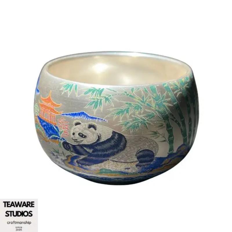 Hand-Engraved Silver-Plated Tea Cup with Bamboo & Panda Patterns - Traditional Chinese Aesthetic Teacup for Tea Lovers - Unique Hand-Made Drinkware.