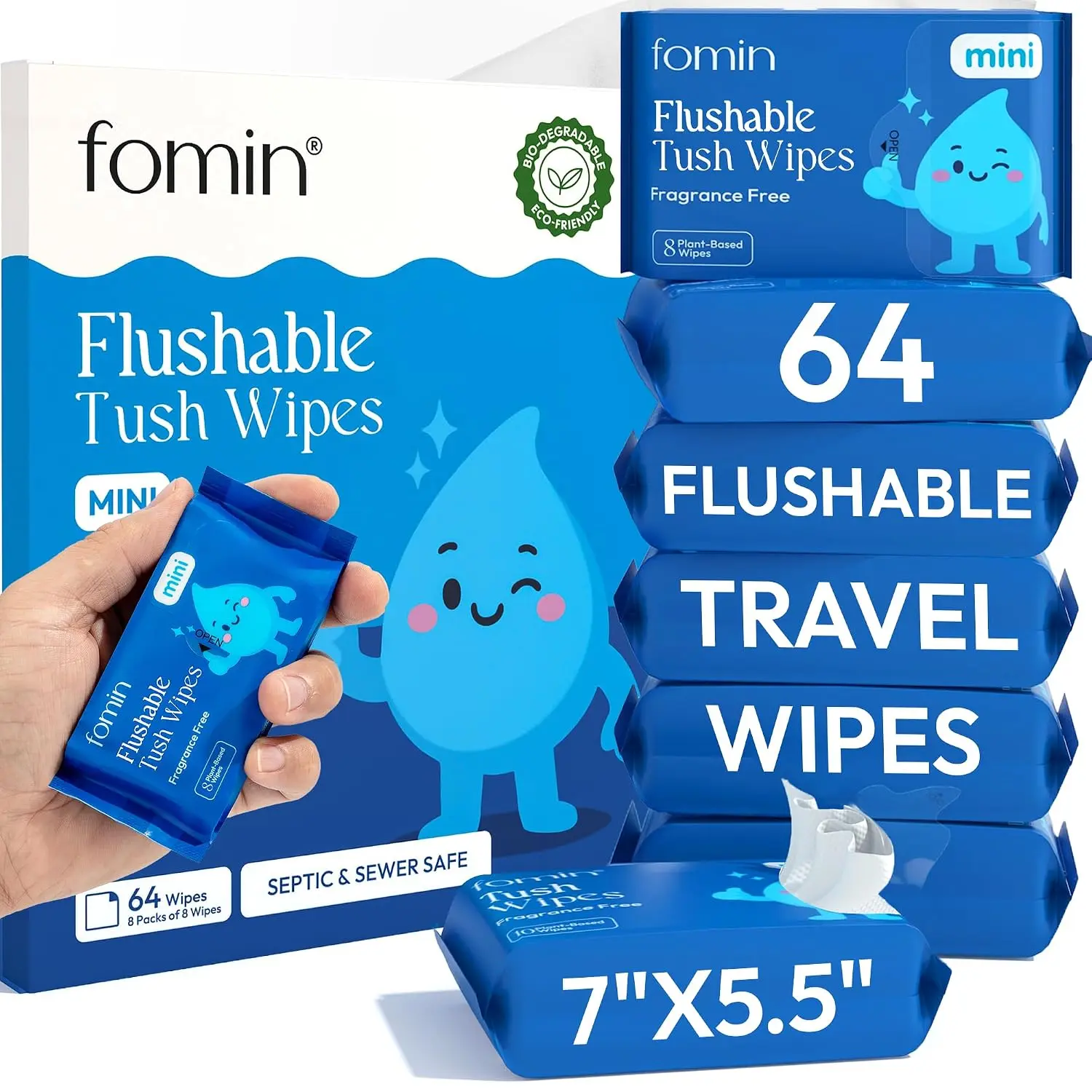 Compact Travel Flushable Wipes 8 Pack (64 Wipes ) - Unscented Travel Size Wet Wipes for Adults - pH Balanced, , -Based -  Tush Wipes for Women & Men