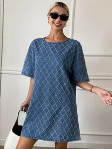 Blue Casual Short Sleeve Plaid Straight Leg Dress, Comfortable Daily Wear, Perfect for Leisure Activities, Stylish and Practical Design