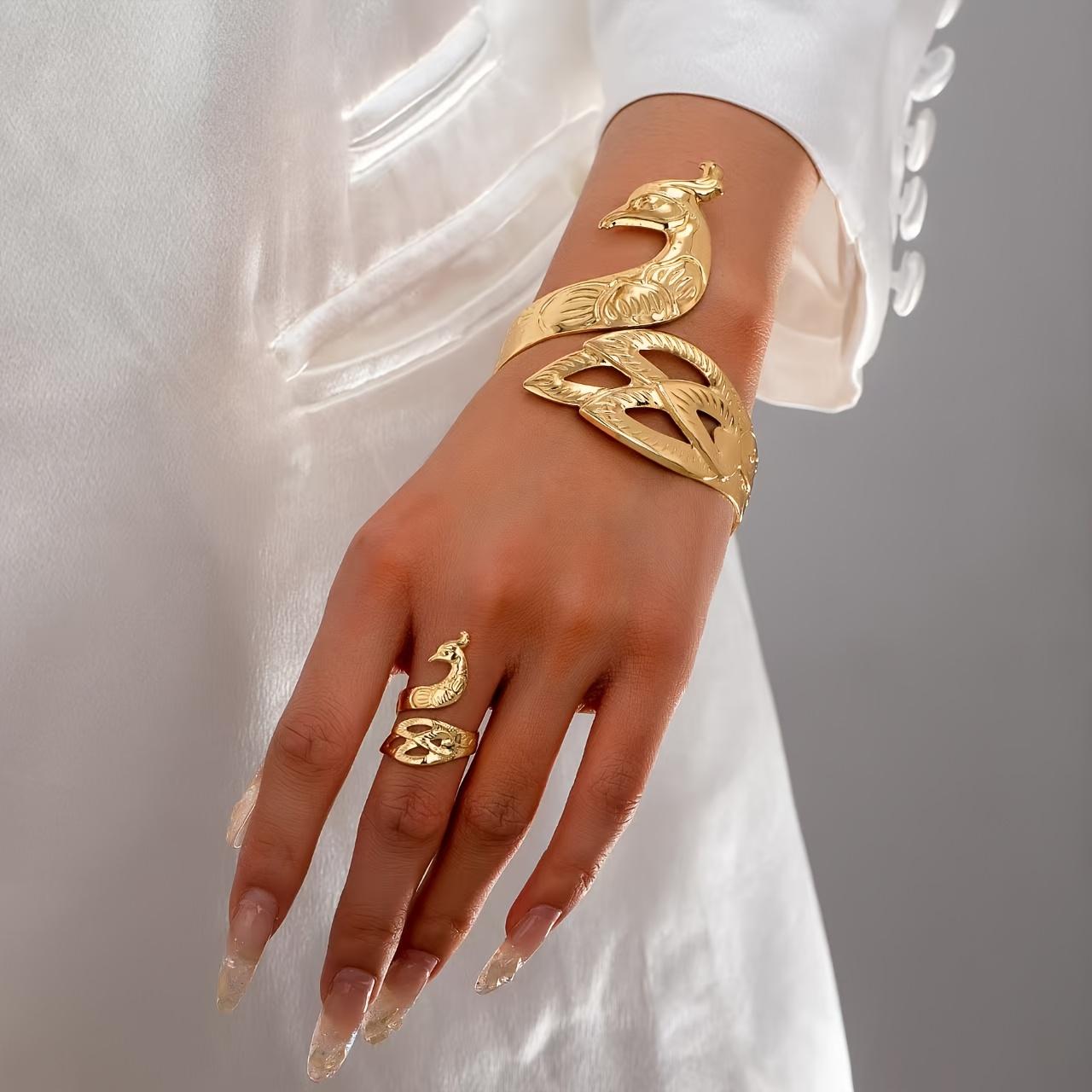 Bold & Edgy Punk-Style Jewelry Set: Eagle-Themed Open Ring and Cuff Bracelet featuring a Smooth Finish, Unique Retro Patterns, and Geometric Design
