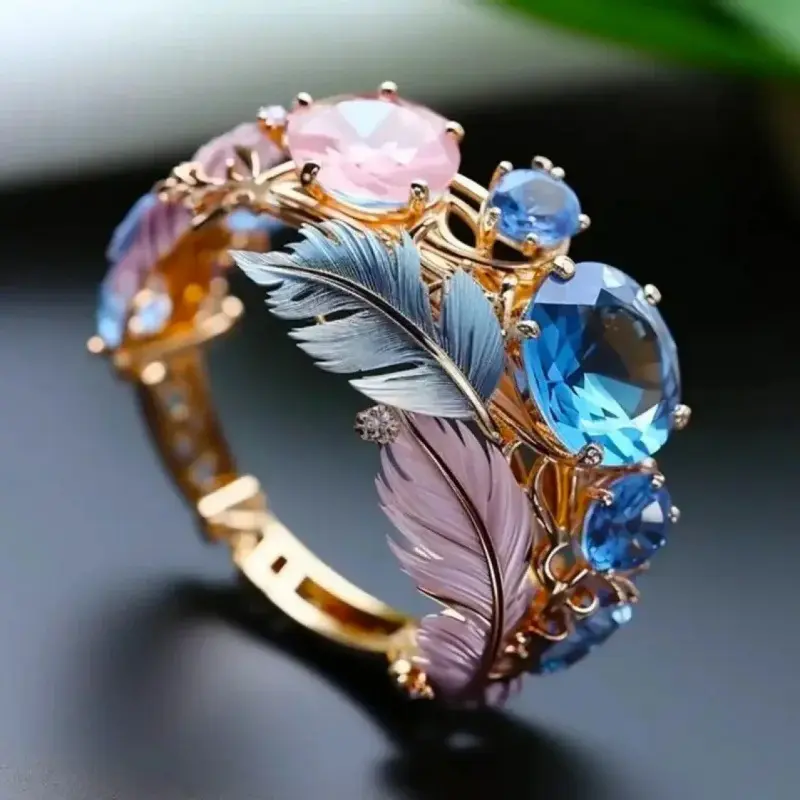 Embossed Feather Ring - Brass Metal, Colorful Feather Motif, Unisex High-End Costume Statement Pieces for Exotic Look Fashion Accessory Enthusiasts, Unisex Wear