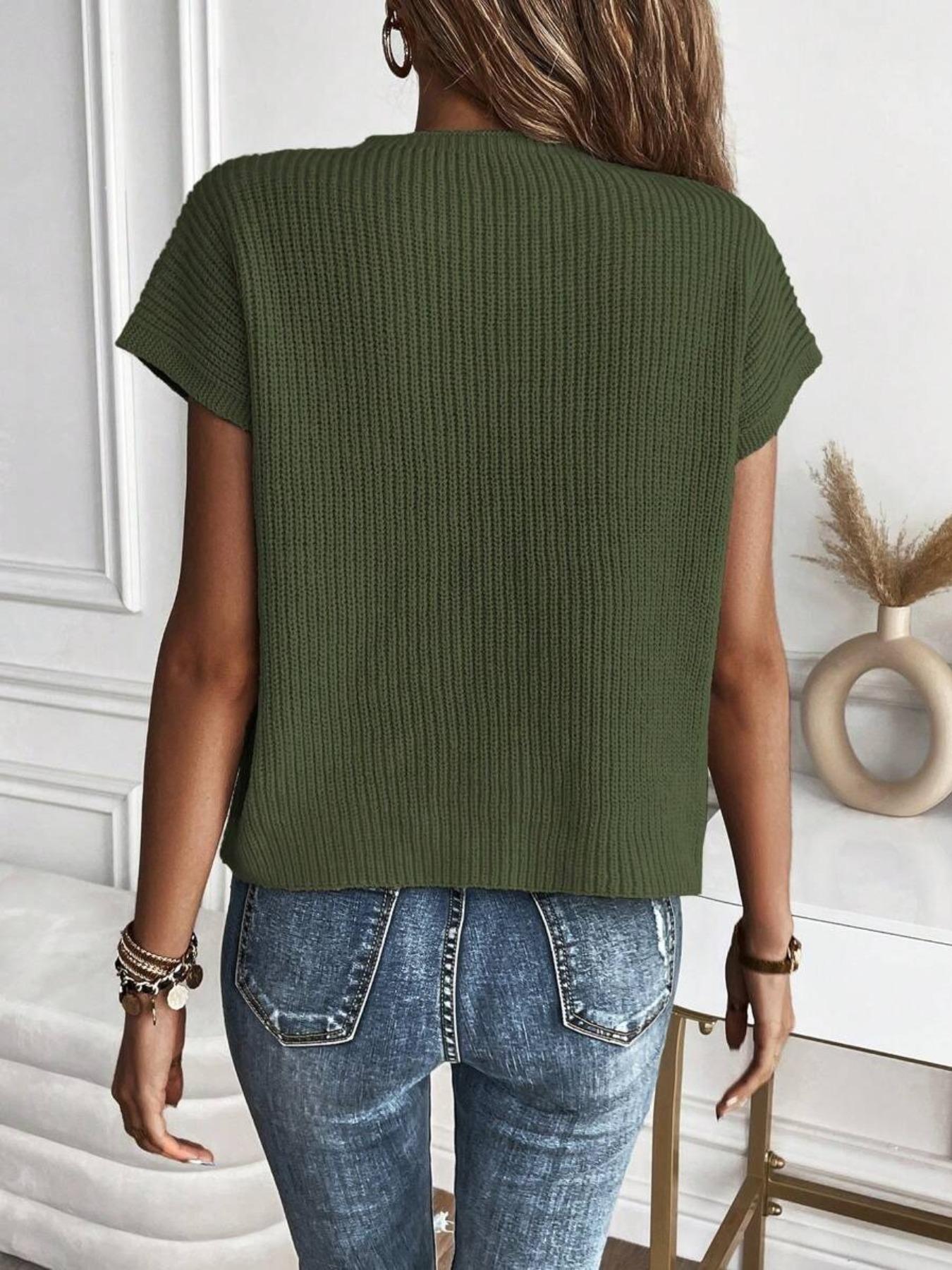 Women's Plain Pocket Round Neck Comfort Knit Top, Fitted Casual Breathable Short Sleeve Womenswear, Crochet Tops for Lady, Summer, Comfort Summer Tops, Summer Clothes, Fashion Women's Knitting Clothing for Everyday Daily Wear, Womenswear