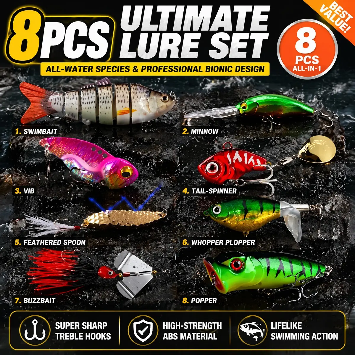 8PCS Professional Fishing Lures Set, All-Water Predator Kit with Jointed Swimbait, Whopper Plopper, Popper, Buzzbait, Minnow, VIB for Bass Pike Walleye Trout Top Water Lures