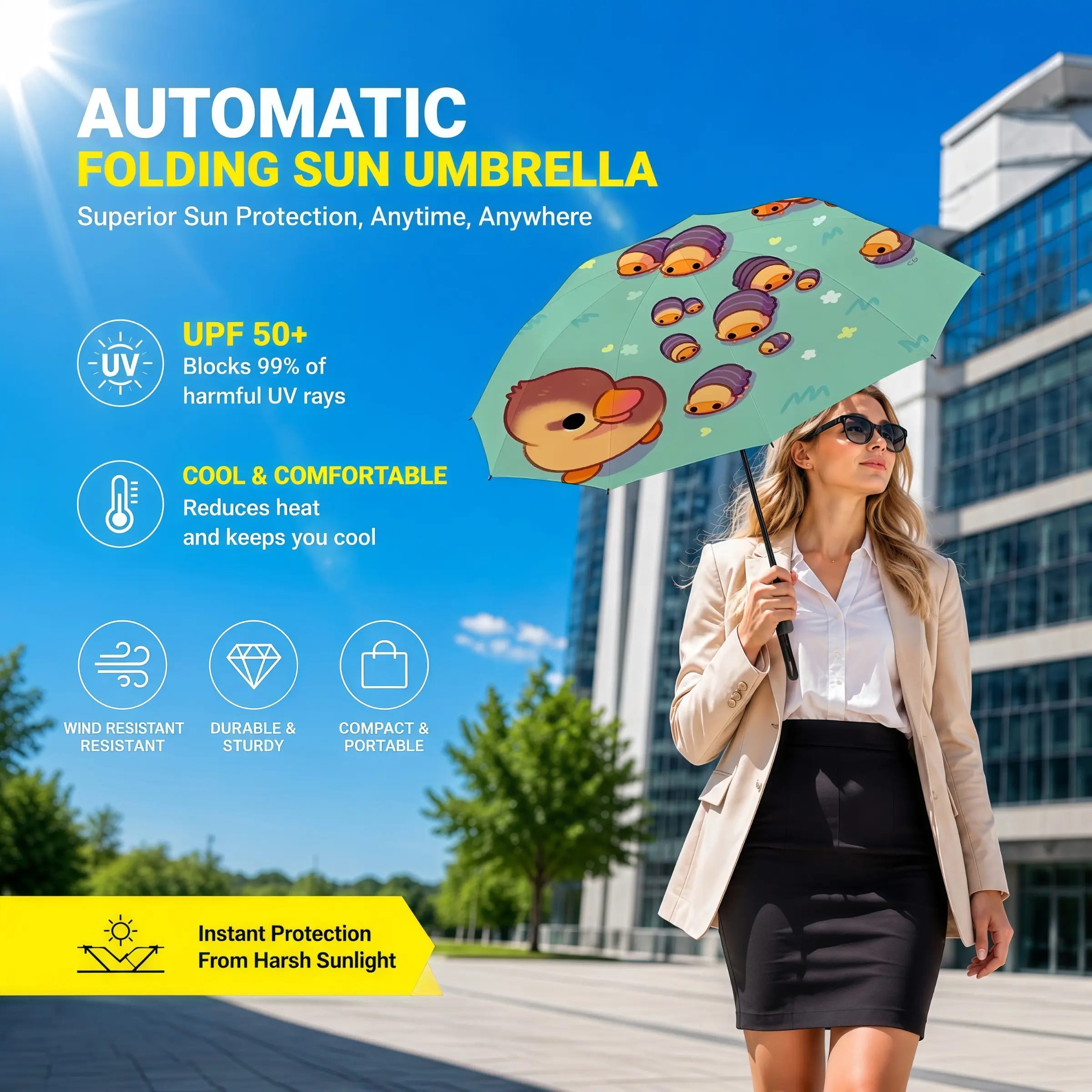 1pc Foldable Automatic Umbrella, featuring both rainproof and sun protection functions. Lightweight and portable, it can open and close automatically. Suitable for both men and women, it is ideal for daily use and an essential item for travel.