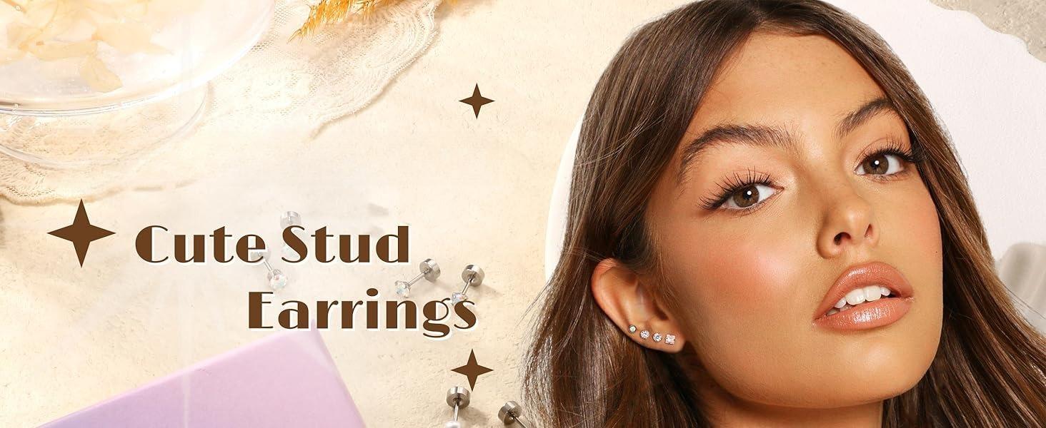 CASSECA  Surgical Steel Earrings for Sensitive Ears 20G Flat Back Earrings for Women Men Small Stainless Steel Earrings Studs Cartilage Earring Opal Ball CZ Flatback Earrings