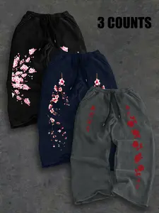 Men's 3-Pack Cherry Blossom Rose Japanese Print Drawstring Loose Fit Casual Pants, Street Style, Floral Pattern, Long Trousers