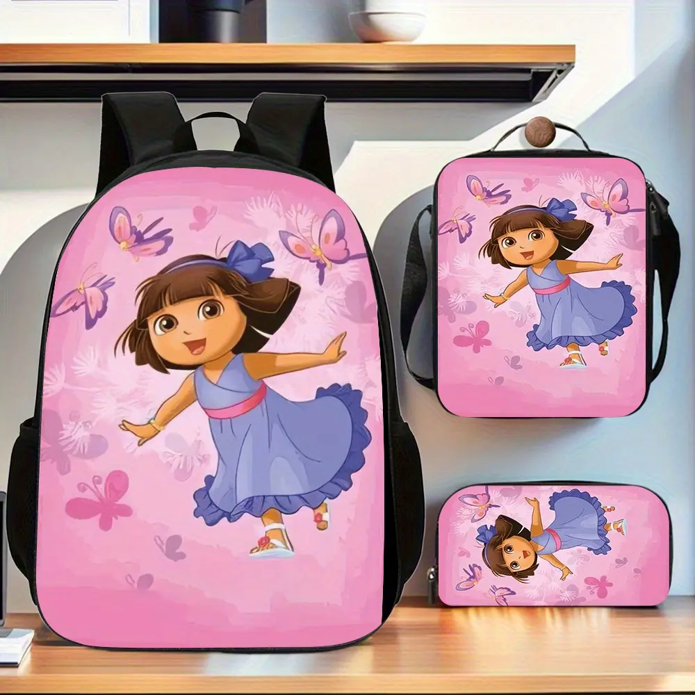 Dora the Explorer 3-in-1 Butterfly Theme Cartoon Print Purple Ballet Skirt Backpack Set - Durable Polyester Oxford Backpack, Insulated Matching Lunch Bag, Stationery Pouch for Back to School, Daily School Use