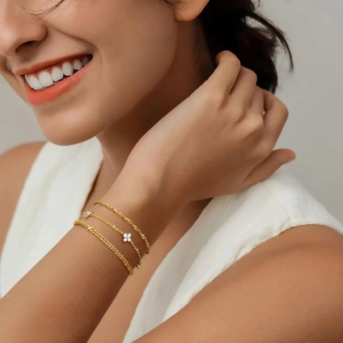 3 Piece Bracelet Set for Women, 14K Gold-Plated and Silver-Tone Layered Link Chains with Zirconia Beads for Daily Stacking and Casual Wear