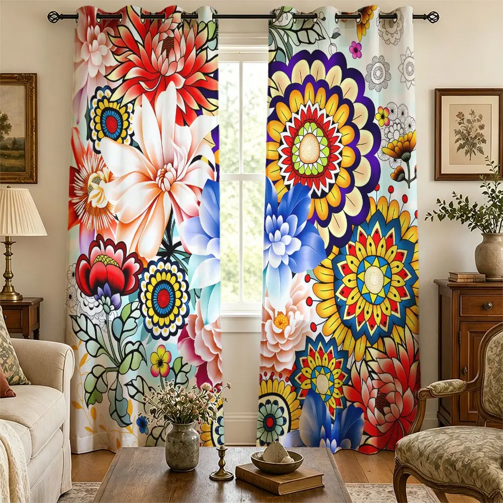 2 Panels Mandala Bohemian Pattern Blackout Curtains, Grommet Design Light Blocking Room Darkening Drapes, Boho Farmhouse Aesthetic Style Curtain for Bedroom Living Room Apartment Home Decor