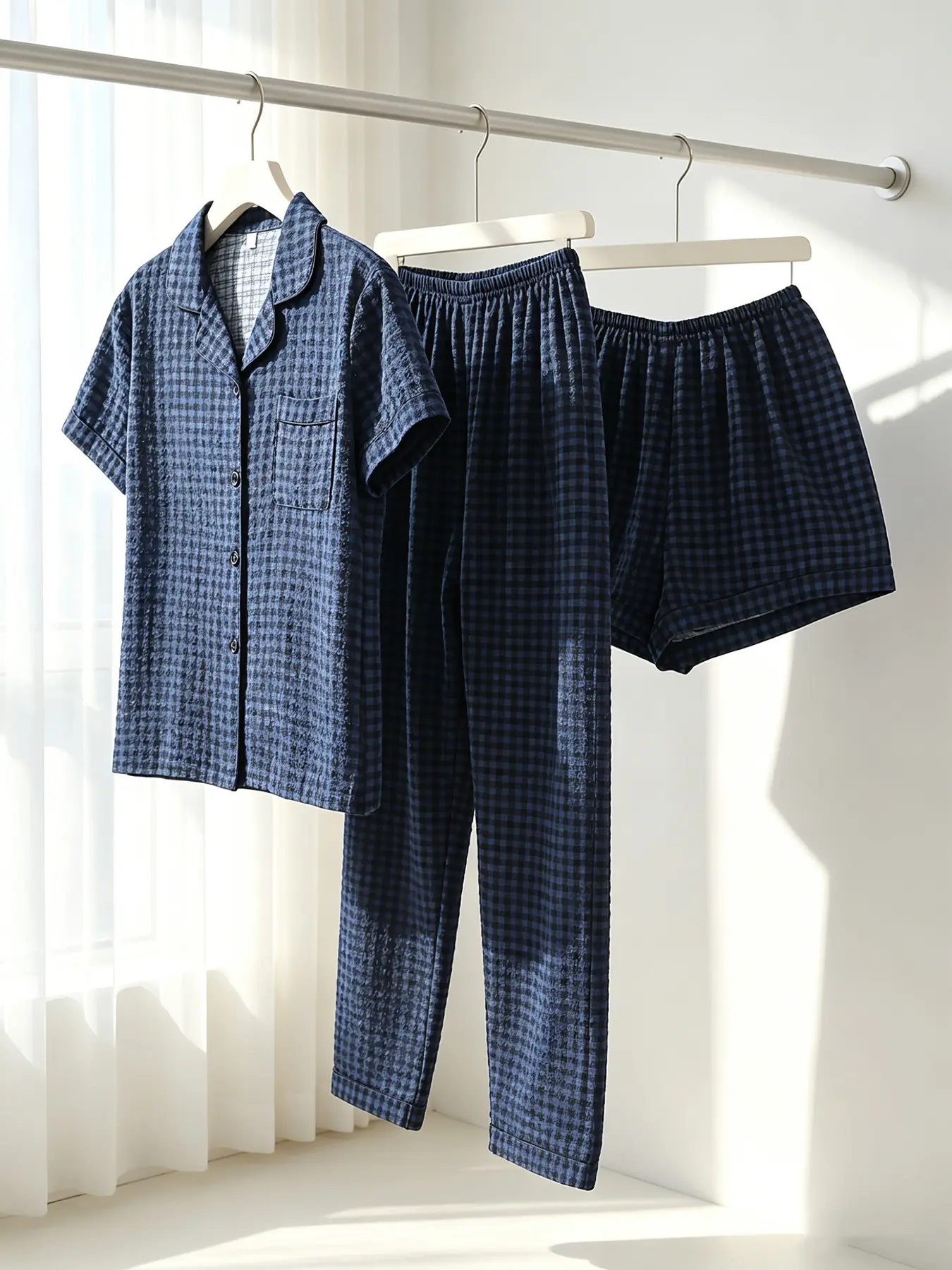 Women's 3-Piece Button-Down Pajama Set, Navy Gingham Print, All Season Wear, Relaxed Fit, INS Style Minimalist Casual Loungewear for Home & Errands, Plaid