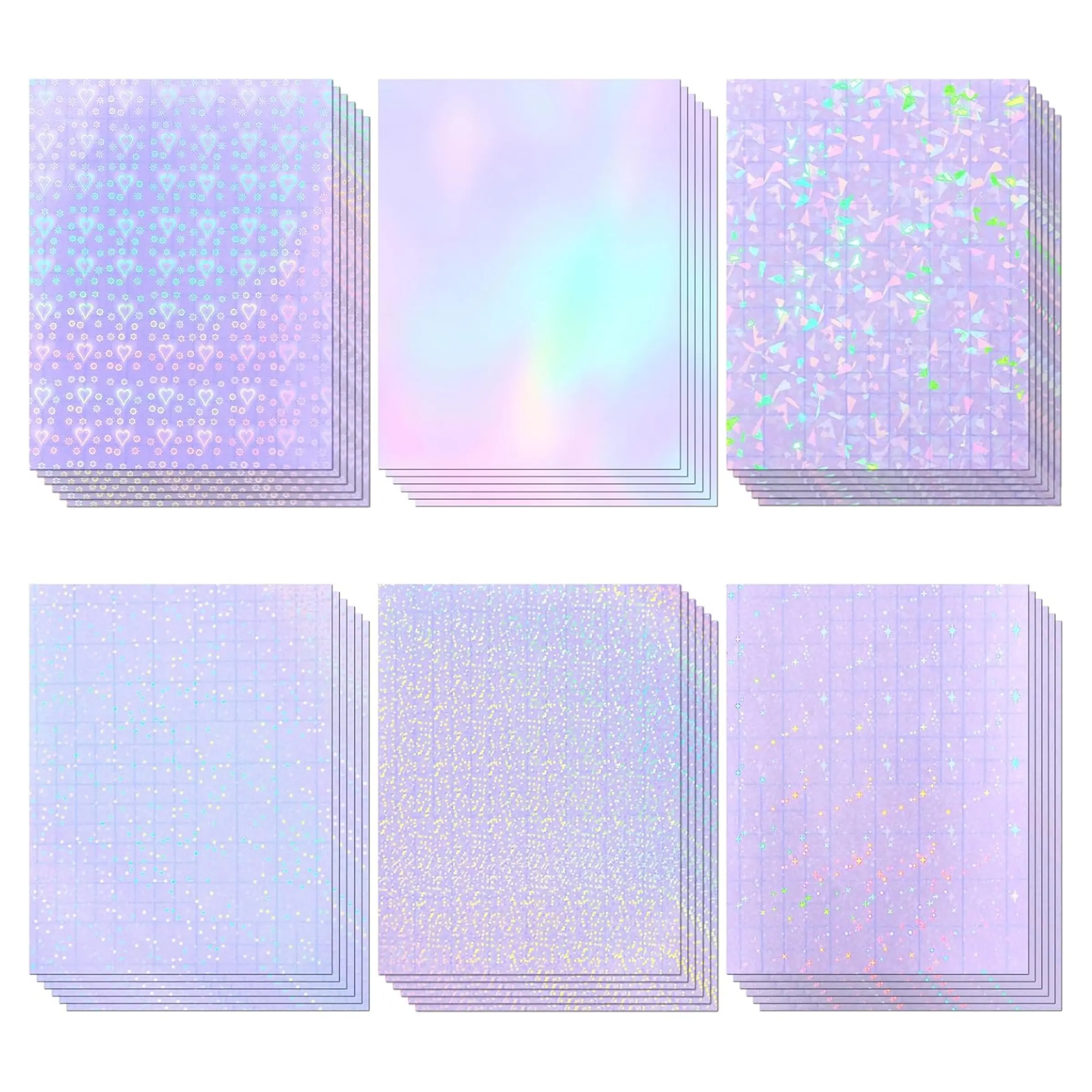 36 Sheets of Holographic Laminate Sticker Paper | Transparent, Waterproof, Holographic Vinyl Overlay for Stickers, Cricut Crafts, and Photos (8.27 x 11.7 Inches) – 6 Styles
