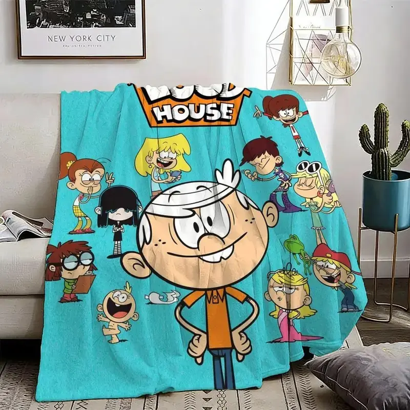 The Loud House Full Family Characters Flannel Throw Blanket Cyan Background Cartoon Print Soft Cozy Fleece Blanket All Season Sofa Bed Nap Blanket Gift for Kids Cartoon Fans