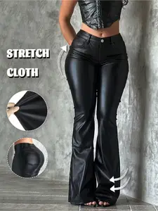 Elegant High-Waisted Faux Leather Pants, Zipper Design Loose Fit, Sexy Style Bell Bottoms, All Seasons Fashion, Women's Clothing