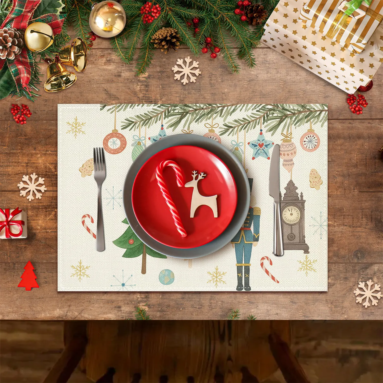 Christmas tree, Christmas ball, branches, clock, ballet dancer, nutcracker, soldier, cane, candy, snowflakes, stars, Christmas meal mat, set of 4/6, suitable for kitchen, dining table, holiday party decoration