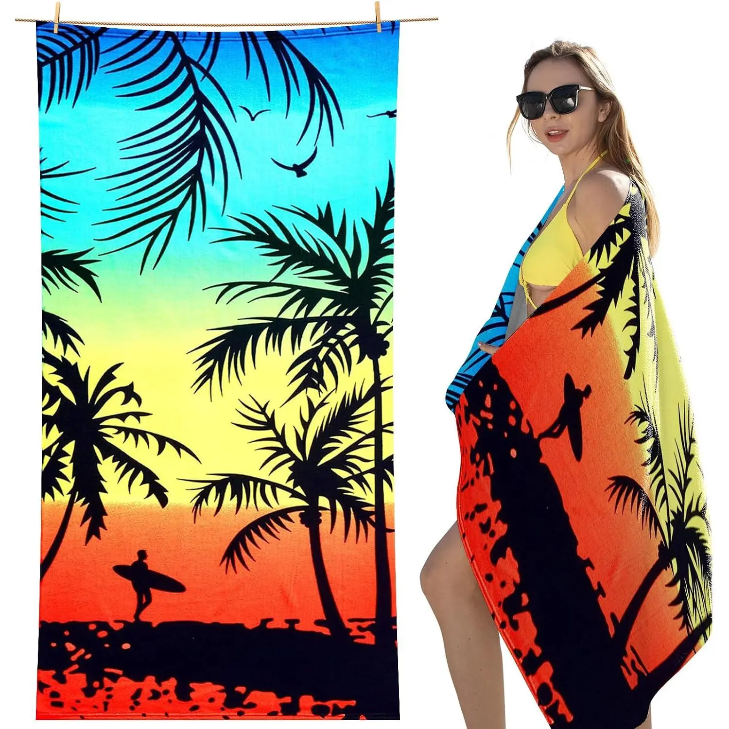 Microfiber Beach Towel Oversized - Quick Dry Beach Towels, Lightweight Thin for Travel, Large Size 70x35 Compact Pool Towel Beach Essentials (Coconut Tree)