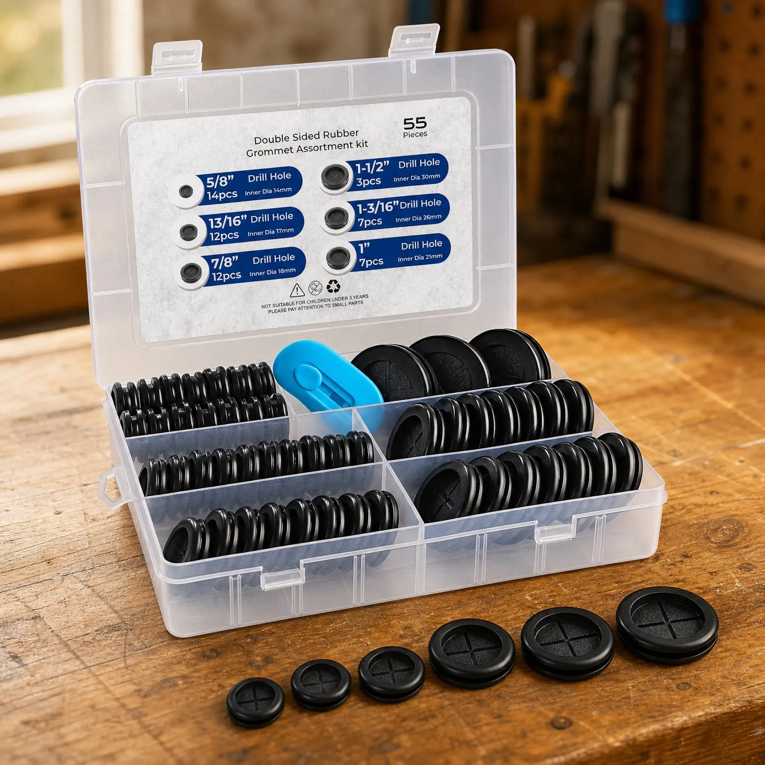 55Pcs Double-Sided Rubber Grommets Kit in 6 Assorted Sizes 5/8", 13/16", 7/8", 1", 1-3/16", 1-1/2" - Round Waterproof Rubber Grommet for Wire ProtectionGift