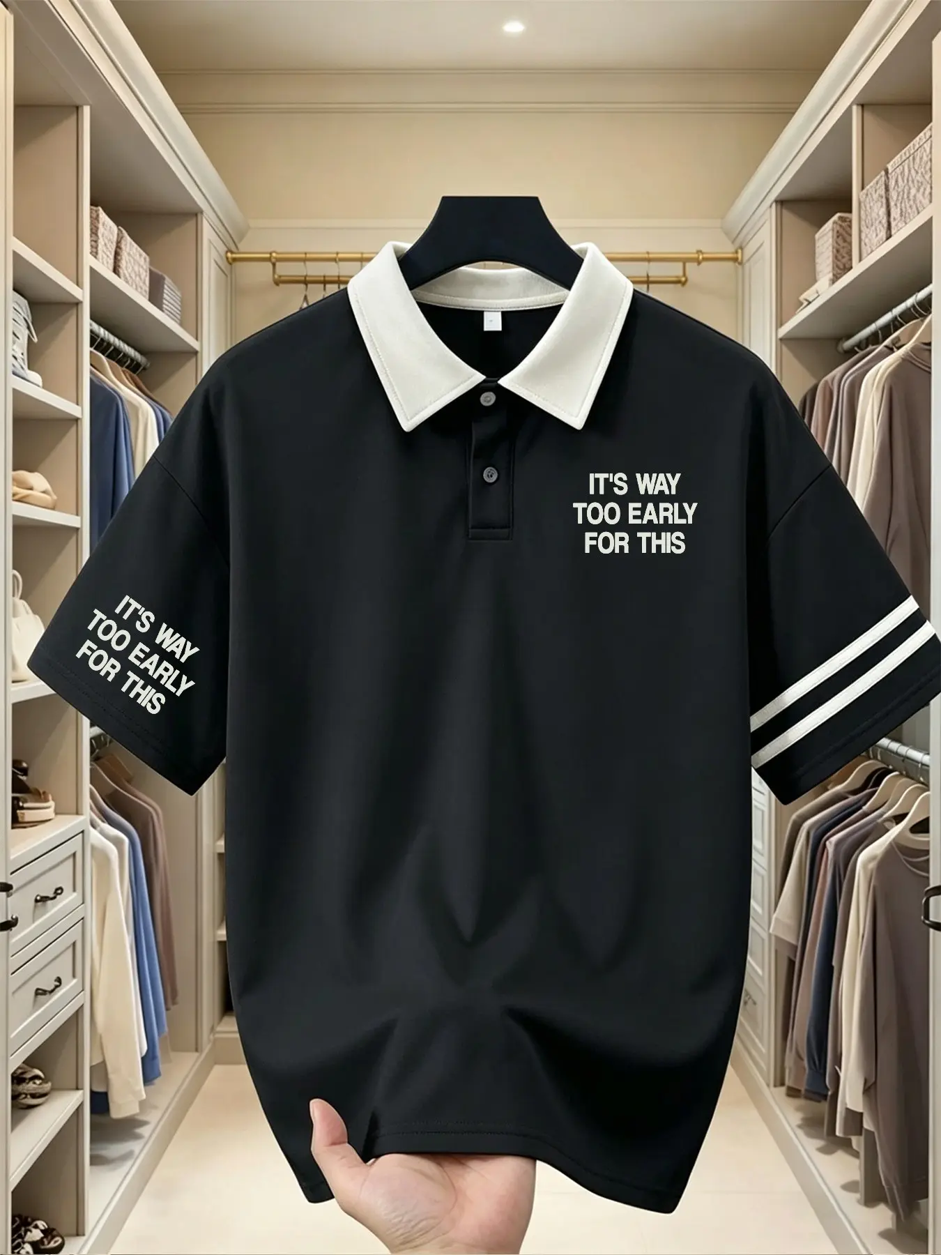 Humor Slogan Print Polo Shirt, Contrast Lapel, Unisex Short Sleeve, Dual Letter Print, Loose Fit, Casual Streetwear for Couples
