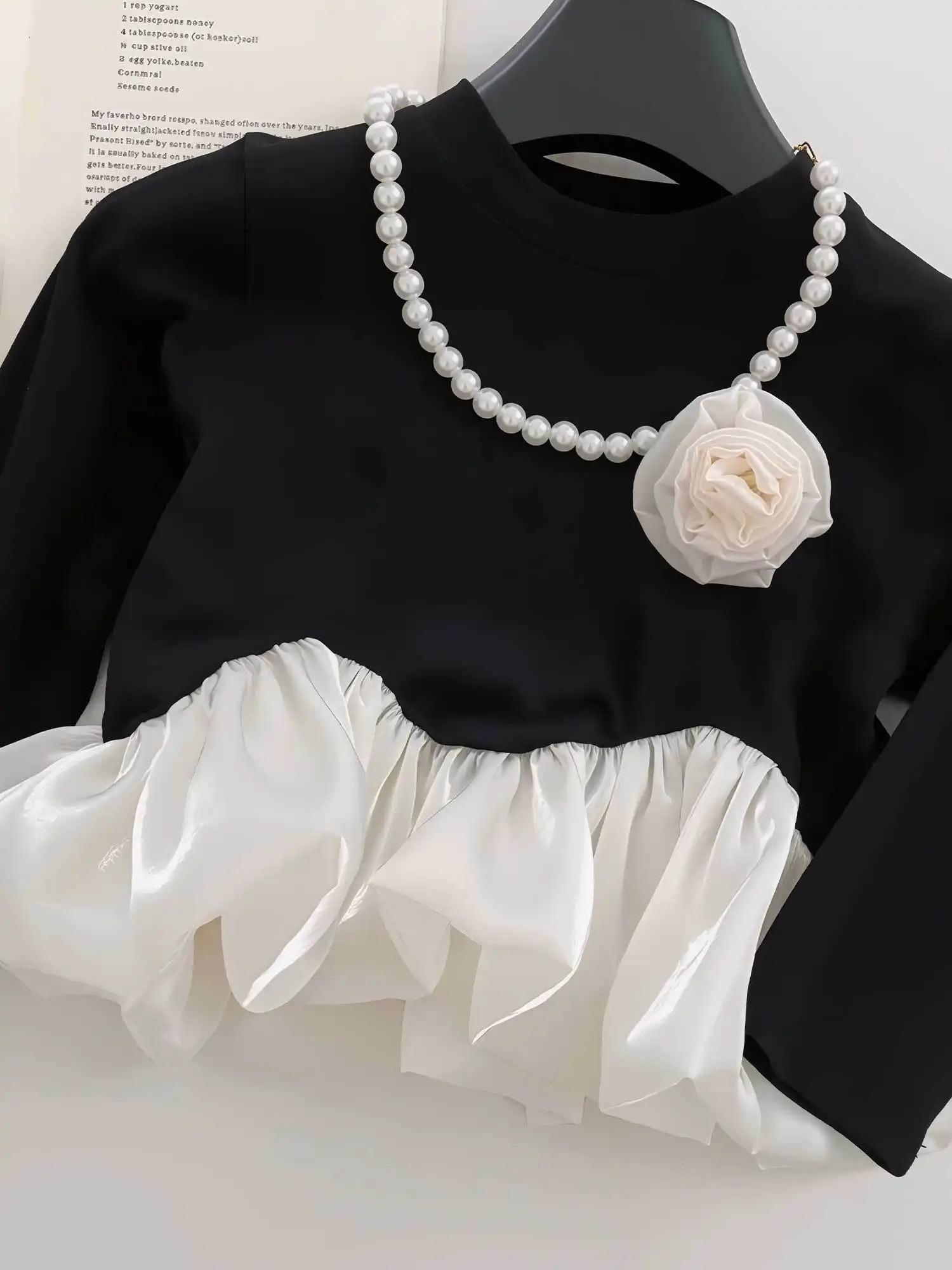 Chic Little Girl Fashion Set - Black Style Top with Floral Embroidery and Ruffled Edges + Ruffled Wide - Leg Pants, New Autumn Style for Young Girls, Loose, Comfortable and Stylish Set, Perfect for, Christmas Dress, Girls Christmas Outfit, Girls Clothes,