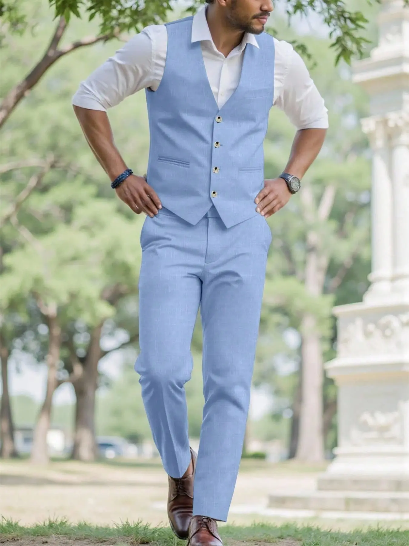 Men's Fashion Business Suit Vest and Pants Set, Slim Fit V Neck Button Front, Casual Office Wear, Wedding Party Dress