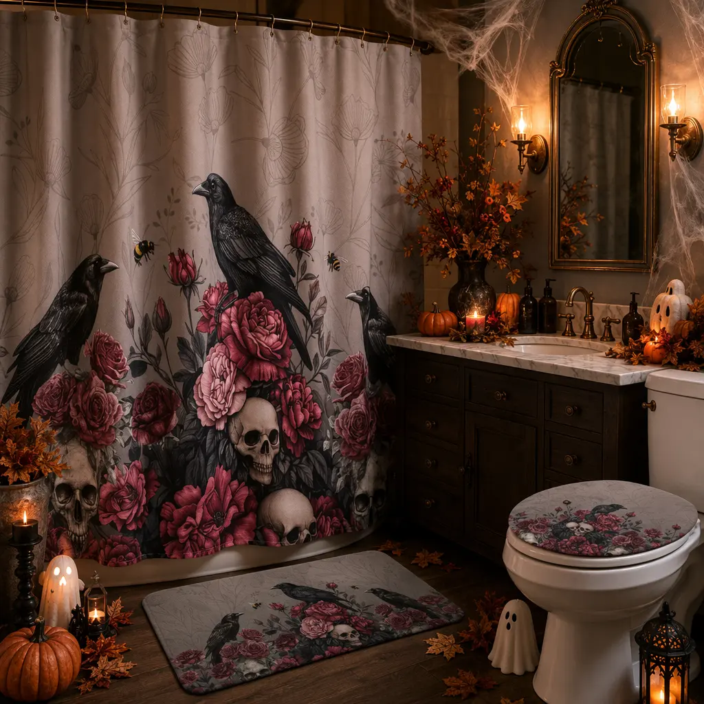 4Pcs Gothic Raven Skull Rose Halloween Shower Curtain Bathroom Set,Dark Spooky Black Crow,Waterproof Shower Curtain, Non-Slip Bath Mat, U Contour Rug & Toilet Lid Cover with 12 Hooks, Witchy Goth Decor, Ideal Dark Aesthetic Halloween Bathroom Accessory
