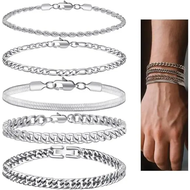 5 count Chain Bracelet for Men - Stainless Steel Figaro Rope Cuban Link Set 7.5/8.3/9 Inches Mens  Bracelet- Gifts for Dad, Husband, Boyfriend