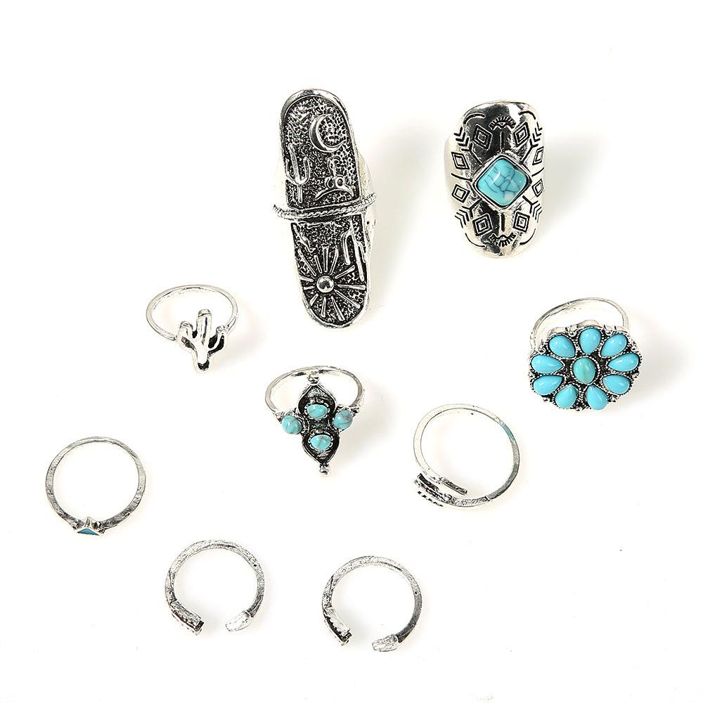 Vintage 9Pcs Turquoise Cactus Sunflower Ring Set for Women | Boho Western Style Silver Tone Alloy Stackable Rings | Bohemian Retro Statement Jewelry for Daily & Festival Wear