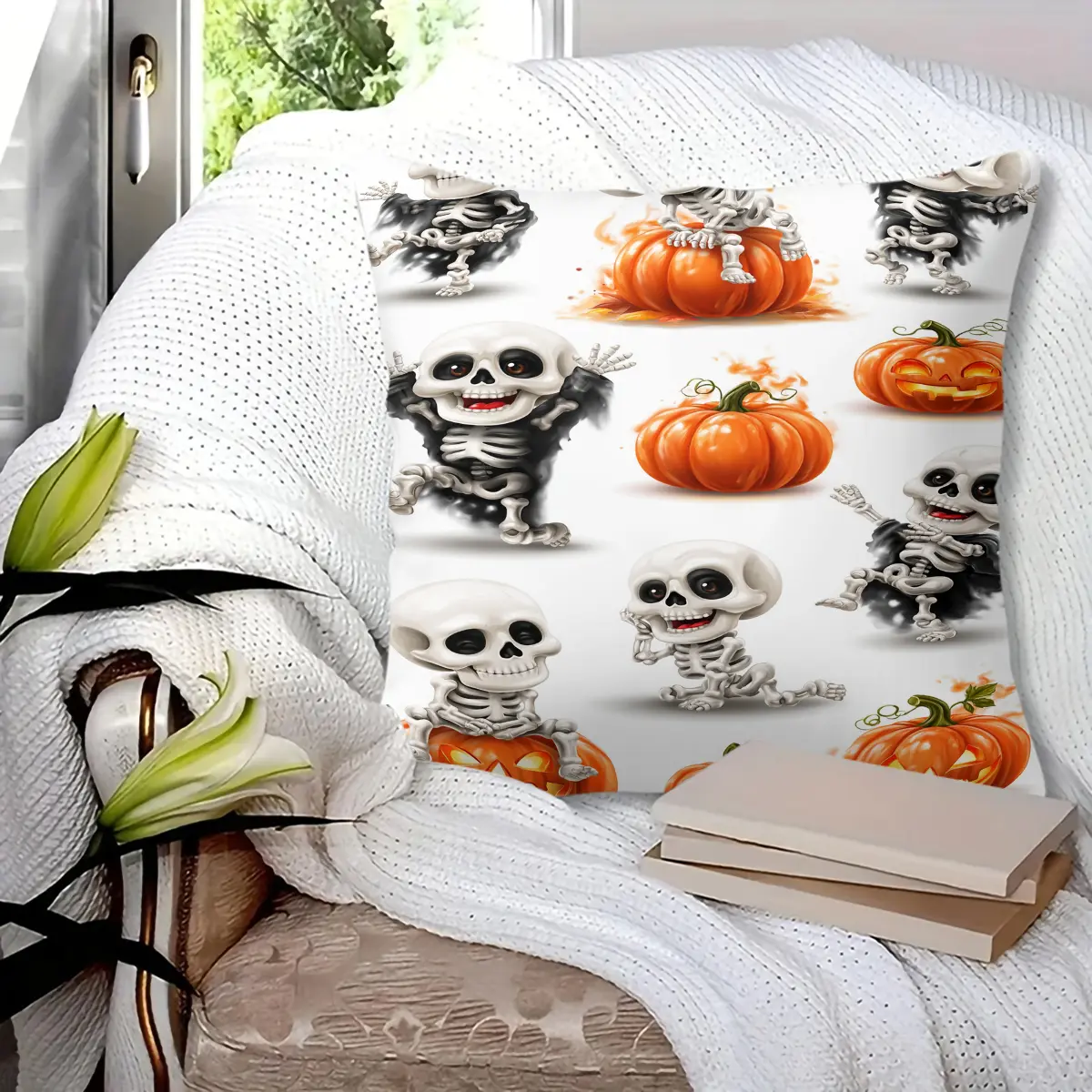 45x45cm 1Pc, Halloween Spooky Throw Pillow with Cute Cartoon Skeleton & Pumpkin Print, Soft Fluffy Durable Decorative Pillow, Perfect for Living Room, Bedroom, Sofa Decoration, Great Halloween Holiday Gift