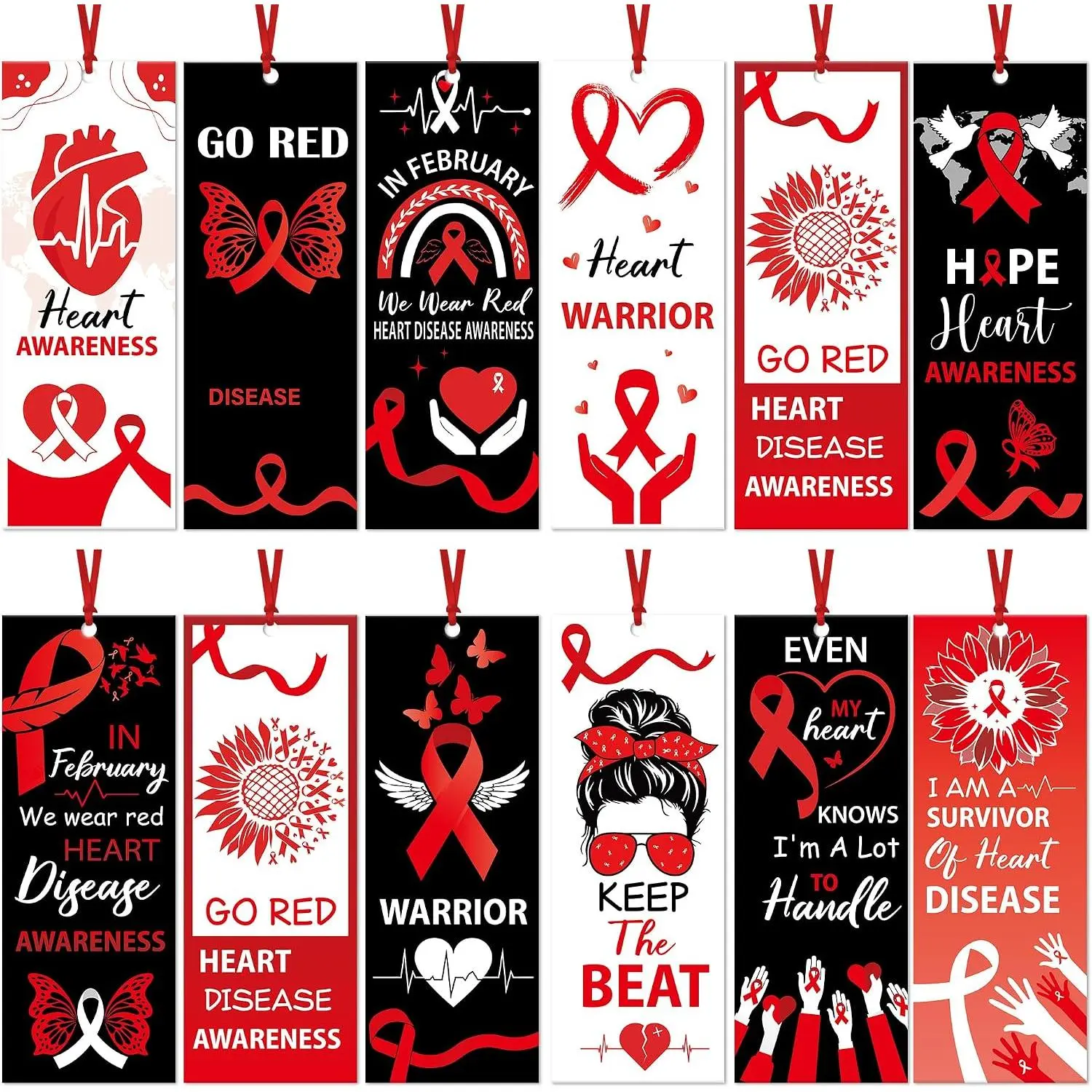 Heart Awareness Bookmarks, 120-Count Bulk Pack with Red Ribbon Double-Sided Printed Art, Inspirational Office Stationery for Community Gifts & Appreciation Events