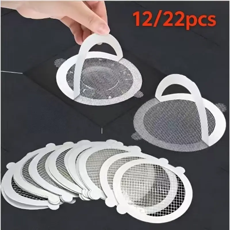 12/22pcs disposable bathroom floor drain hair filter mesh self-adhesive shower drain hair interception mesh circular floor drain hair collection patch bathroom sewer hair filter replacement gasket