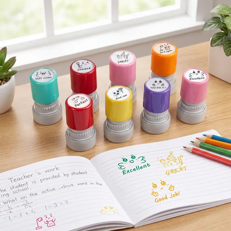 Teacher Stamp, 8 Counts/set Colorful Rubber Self-ink Stamp, Teacher Behavior Stamp, Office Stationery & Supplies, Self Inking Stamp
