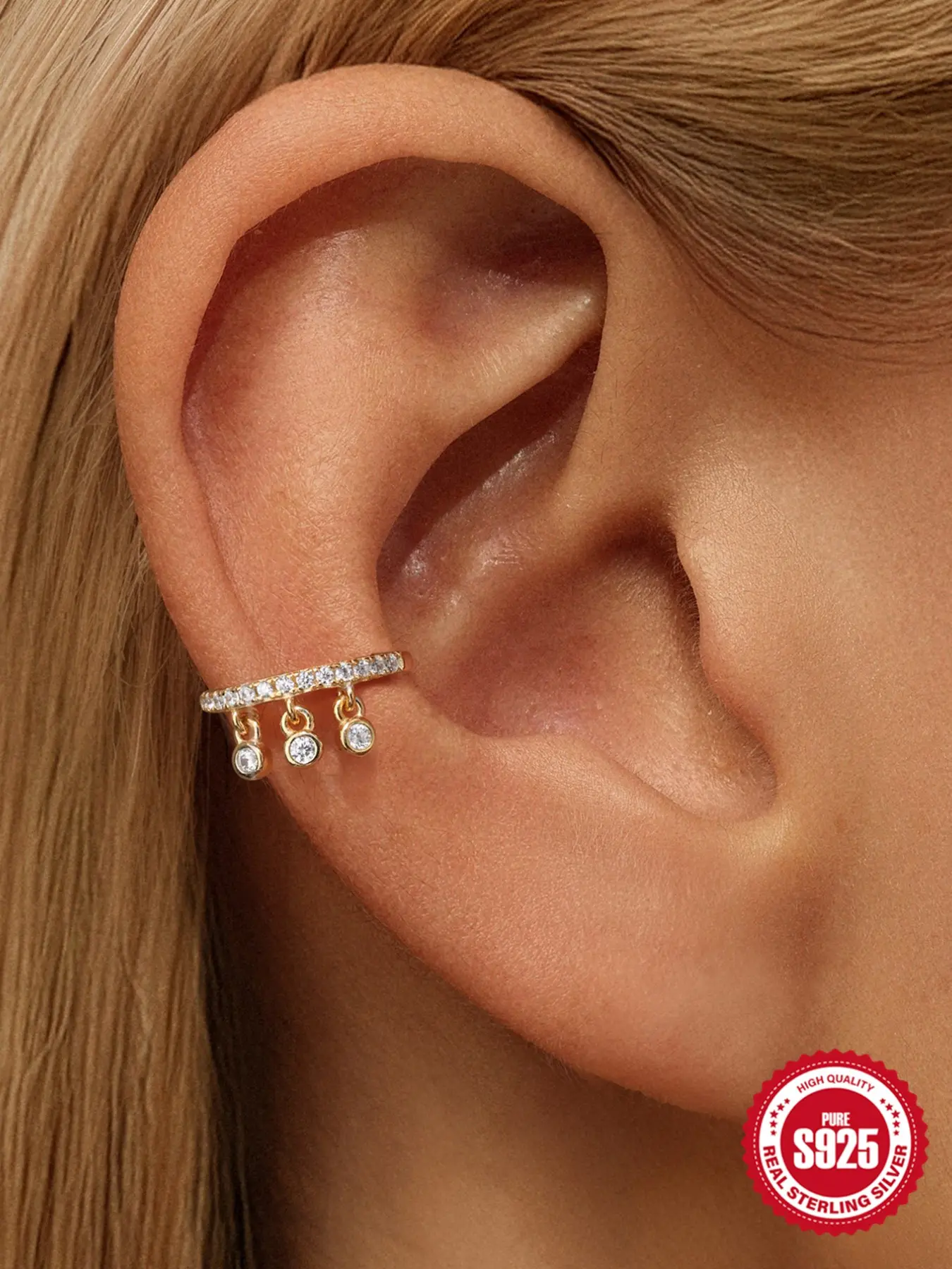 1Pc Waterproof S925 Sterling Silver Gold Plated Clip-On Ear Cuff, Dangling Earrings, No Piercing, Non-Tarnish Hypoallergenic, Modern Geometric C-Shape Hoop Layered Chain Dangle Cartilage Piercing Bridal Wedding Party Jewelry Gift for Her