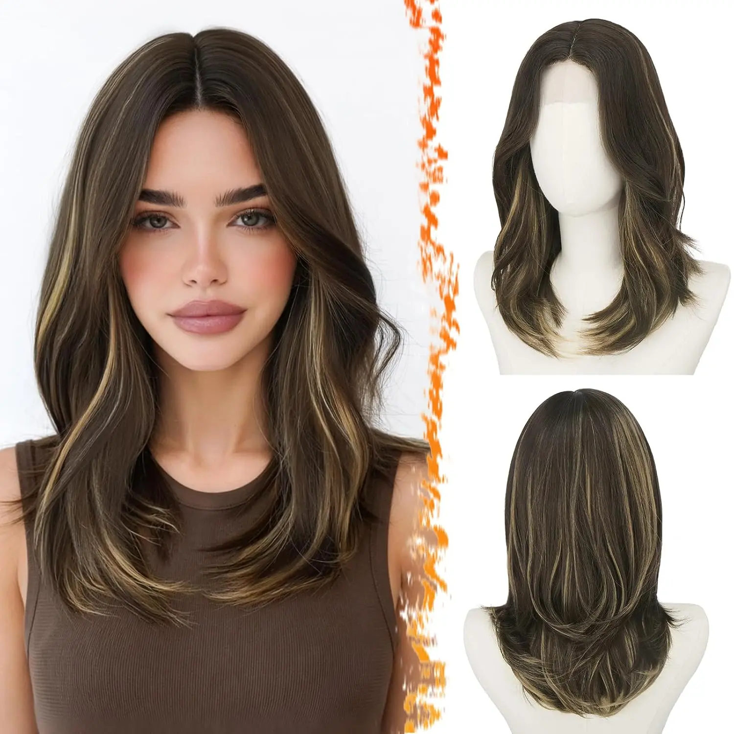16 Inch Straight Layered Brown Blonde Highlights Curtain Bangs Wig | Butterfly Layered Haircut,  Looking Hairline, Small Lace Front, Lightweight Breathable Comfortable Fit, Versatile Wear