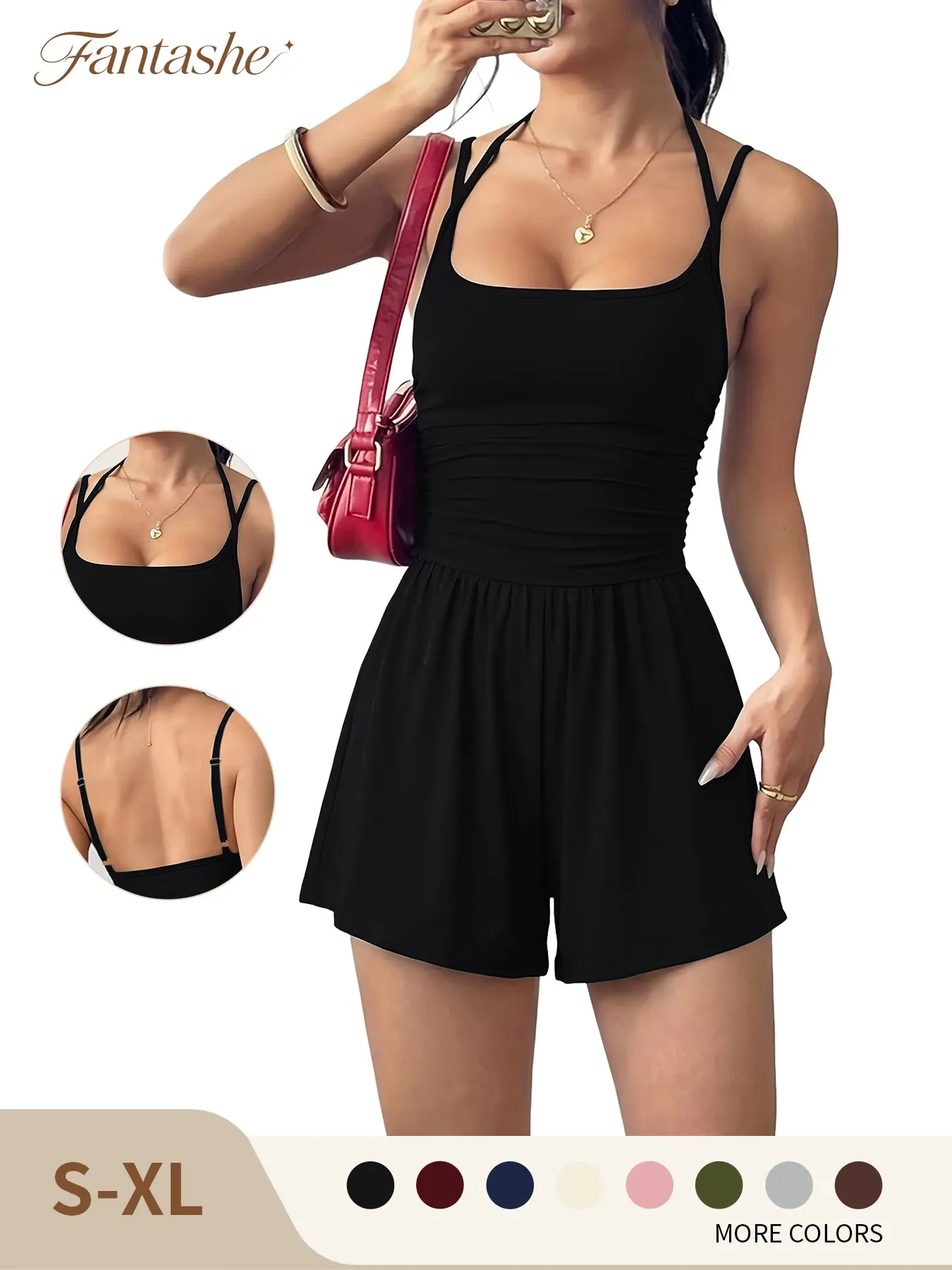 Women's Plain Basic Jumpsuit, Casual Summer, Easy Care, Versatile for Commute, Travel, Home, Airport, Sleeveless, Backless, Short Length