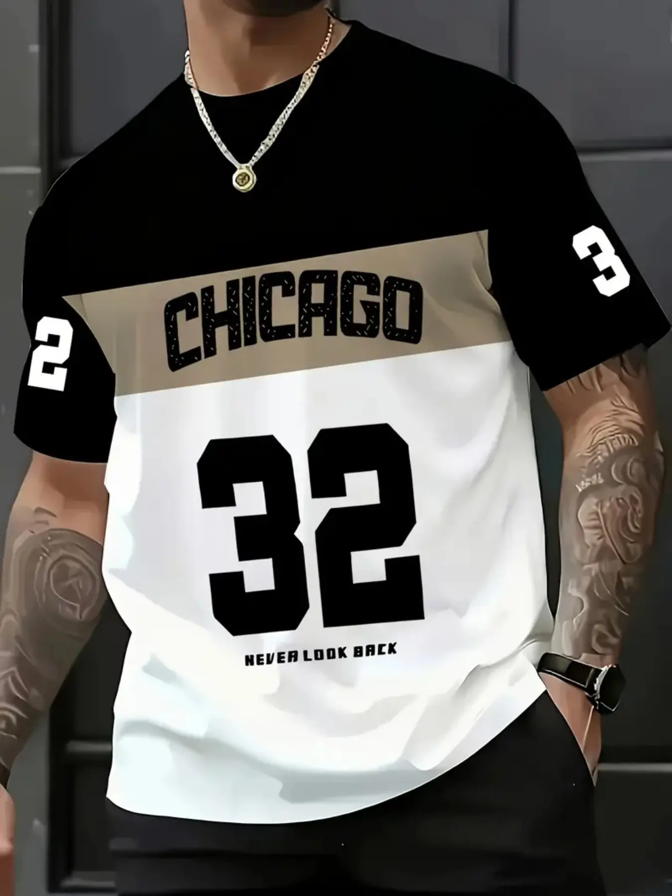 Men's Casual Classic Streetwear Round Neck T-Shirt, Chicago Text Design, Soft Breathable, Comfortable Outdoor Wear, All Seasons, Gift for Friends