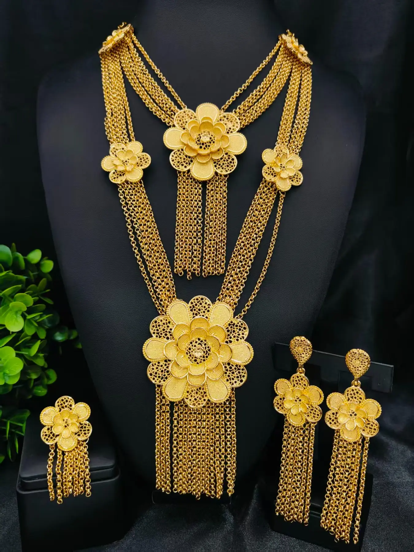 Elegant Floral Jewelry Set, Long Pendant Necklace, Earrings, Ring, Bridal Jewelry Set for Wedding, Perfect for Weddings, Parties, Holidays, Gifts
