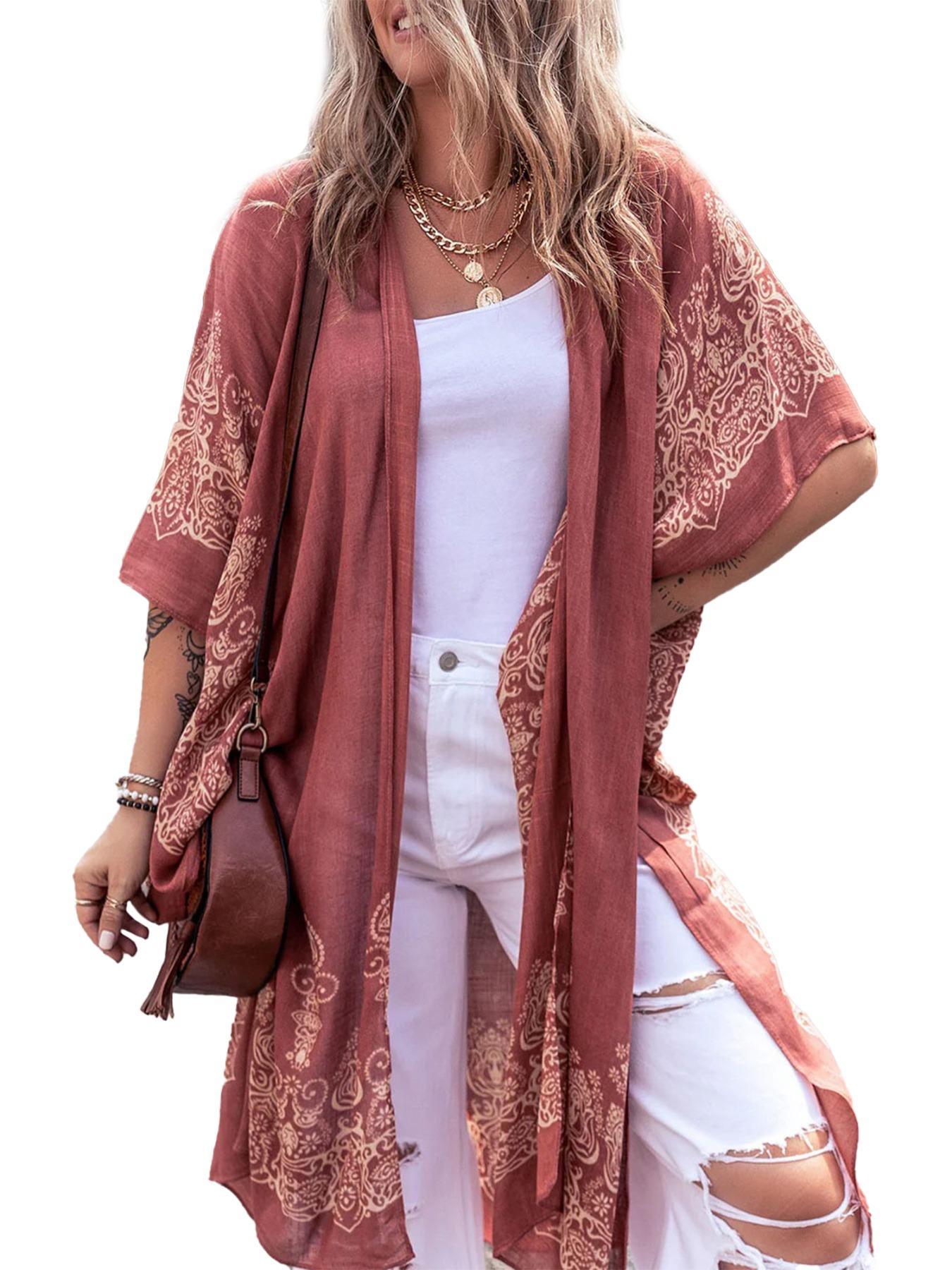 Women's Ethnic Pattern Kimono, Casual Open Front Cover Up for Beach Vacation, Ladies Clothes for Spring & Fall