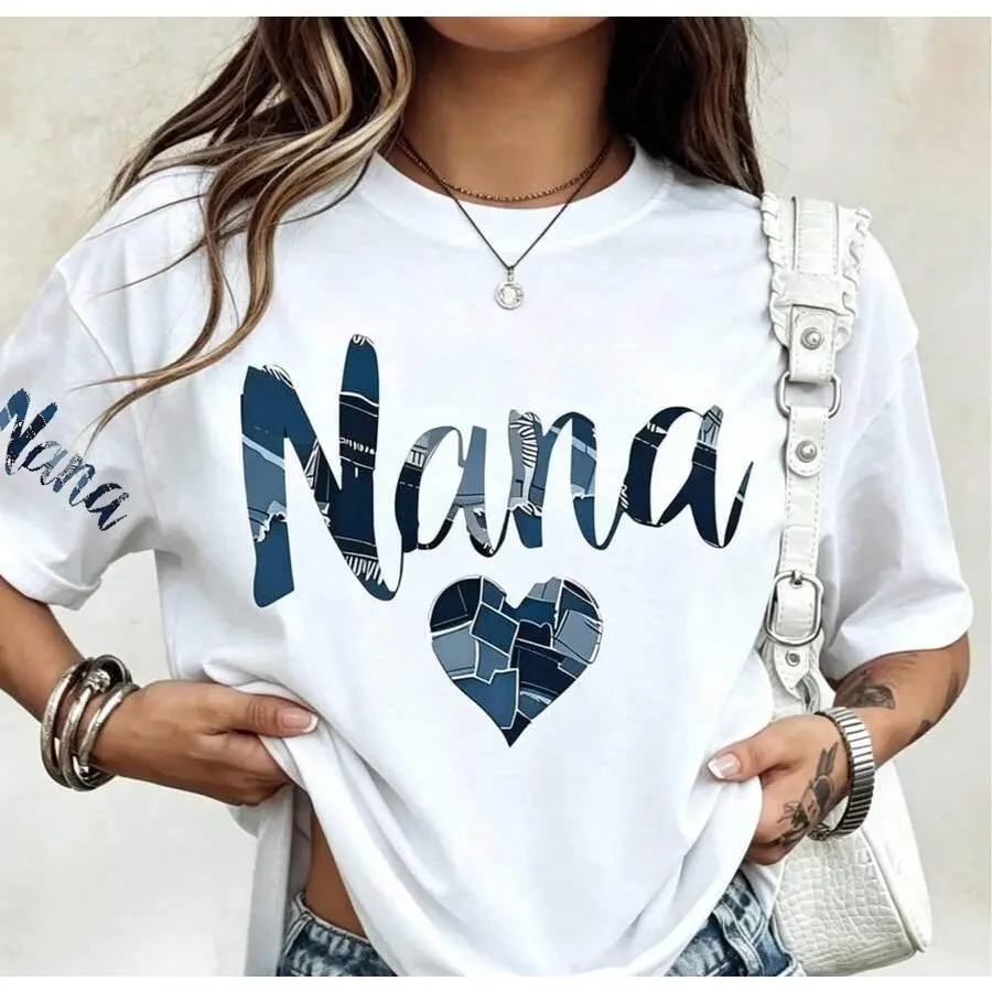 Women's Nana Graphic T-Shirt with Denim Blocks Heart Graphic, Oversized Fit Cotton Crew Neck, Mother's Day Gift for Grandmother, Cold Machine Wash, Athletic, All Mature Women Sizes, Basic, Casual, Chic, Christmas, Cold Wash, Cursive Heart Graphic, Cute