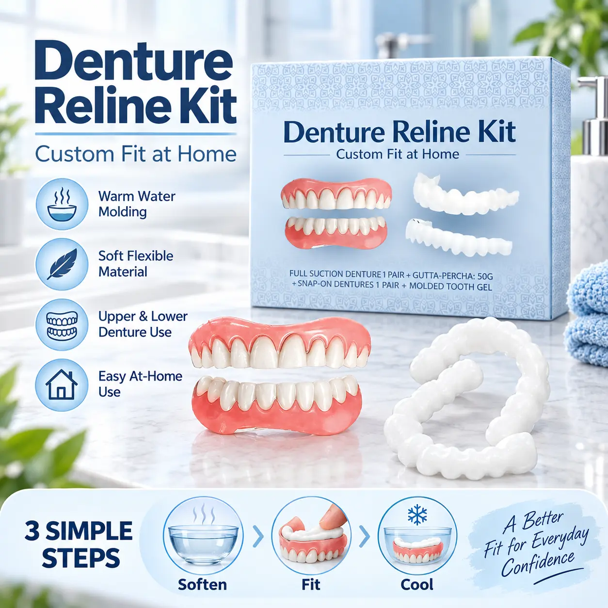 Denture Reline Kit with Upper & Lower Denture Set, Warm Water Moldable Fitting Material, Soft Flexible Denture Cushion, Custom Fit at Home Dental Care Kit, Easy-to-Use Denture Adjustment Set for Adults