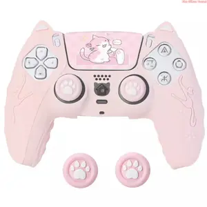 Kawaii Cat Ear Silicone Cover for PS5 Controllers, Pink Cat Paw Protective Shell with Extra Thumb Grips, Anti-Slip Soft Grip Gaming Accessory for Girls, Boosts Better Control & Reduces Fatigue