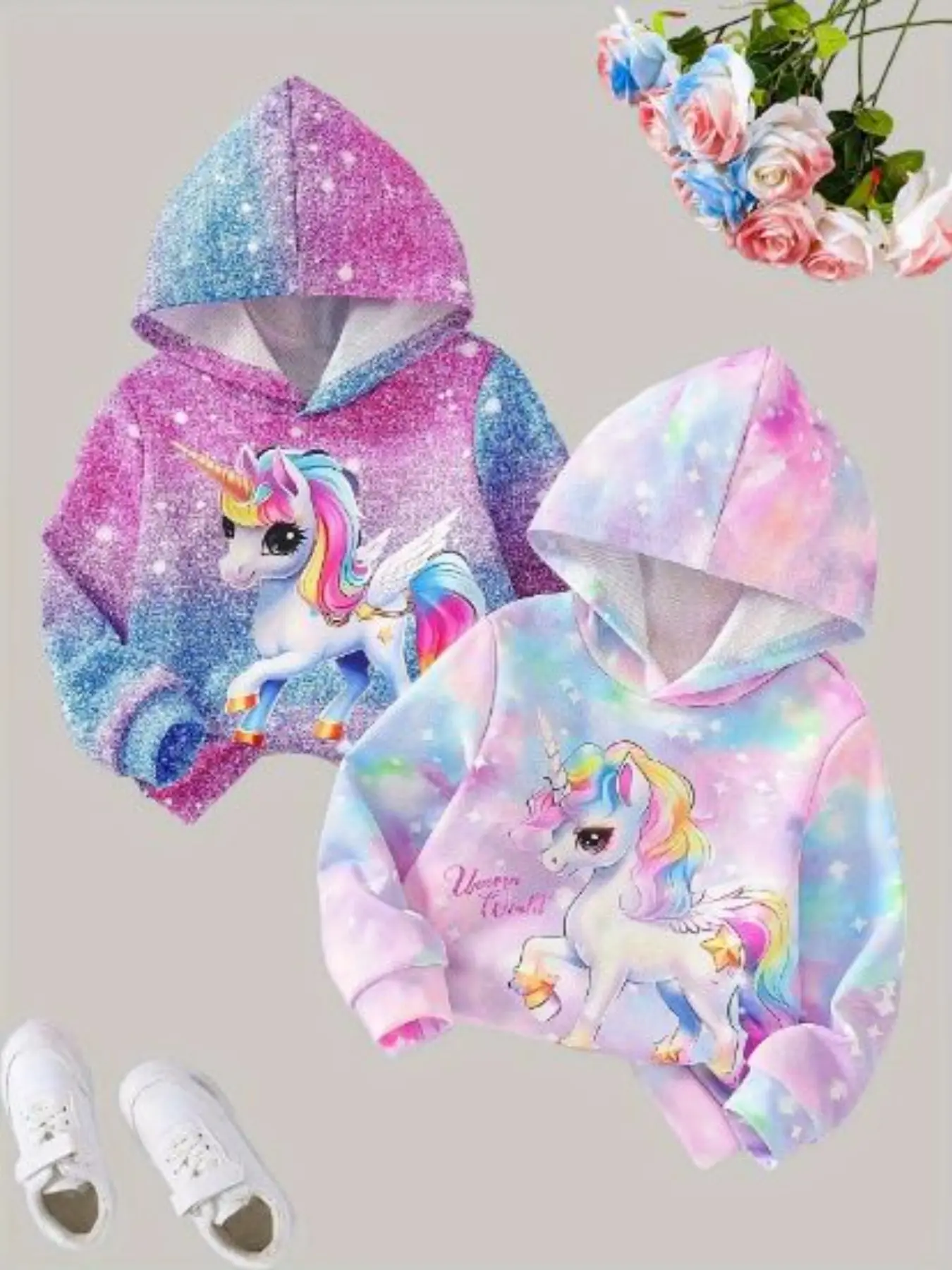 2-Pack Girls' Unicorn Print Hoodie Set, Cute Loose-Fit Casual Wear, Multicolor Spring & Fall Clothing, All over Print Style