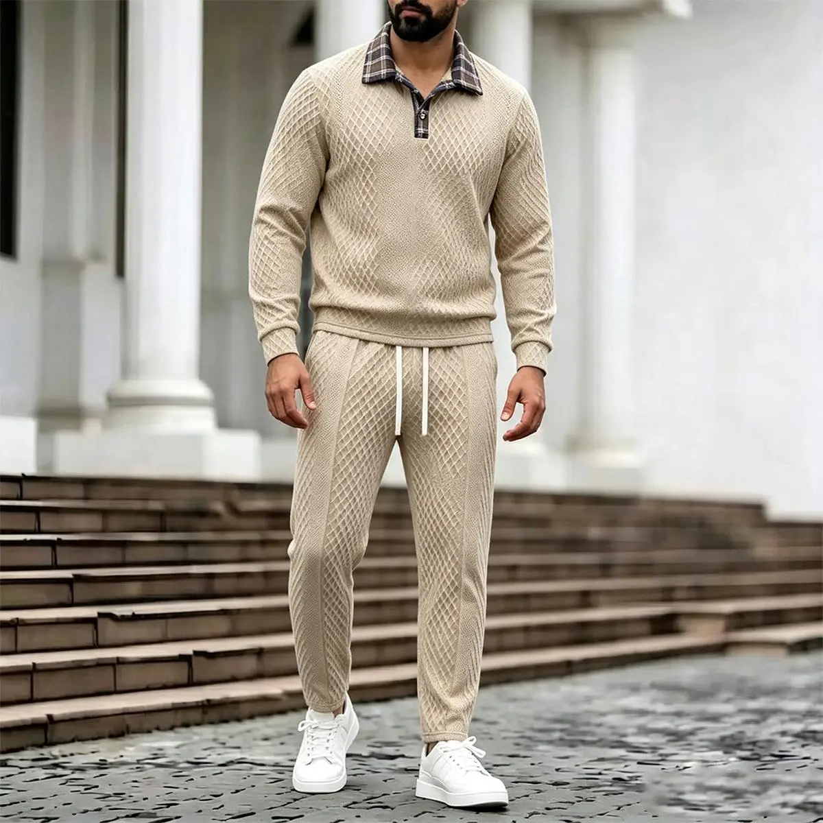 Men's 2-Piece Diamond Textured Polo Tracksuit Set - Half-Zip Plaid Collar Long Sleeve Pullover Sweatshirt, Fitted Cut Drawstring Tapered Pants, Casual Daily Street Outfit