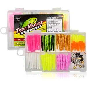 82-Piece Neon Fishing Gear Kit, Includes 70 Grub Bodies Bait and 12 Size 8 Hooks