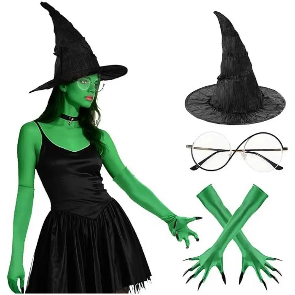 3Pcs Movie Wicked Elphaba Cosplay Funny Witch Costume Set Elphaba Cosplay Dress Up Green Claw Gloves Witch Hat Accessory Set Role Playing Eyewear Cosplay Witch Cap